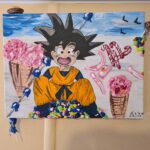 Le rêve de Goten- Peinture sur toile de 30x40cm. Des éléments en forme de bonbons sont également collés sur les bordures. M & Toi ART