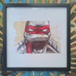 Raffaello- Tortue ninja- 38 euros Travail aux stylos noir et rouge + café pour le fond Format 22x22cm M & Toi ART